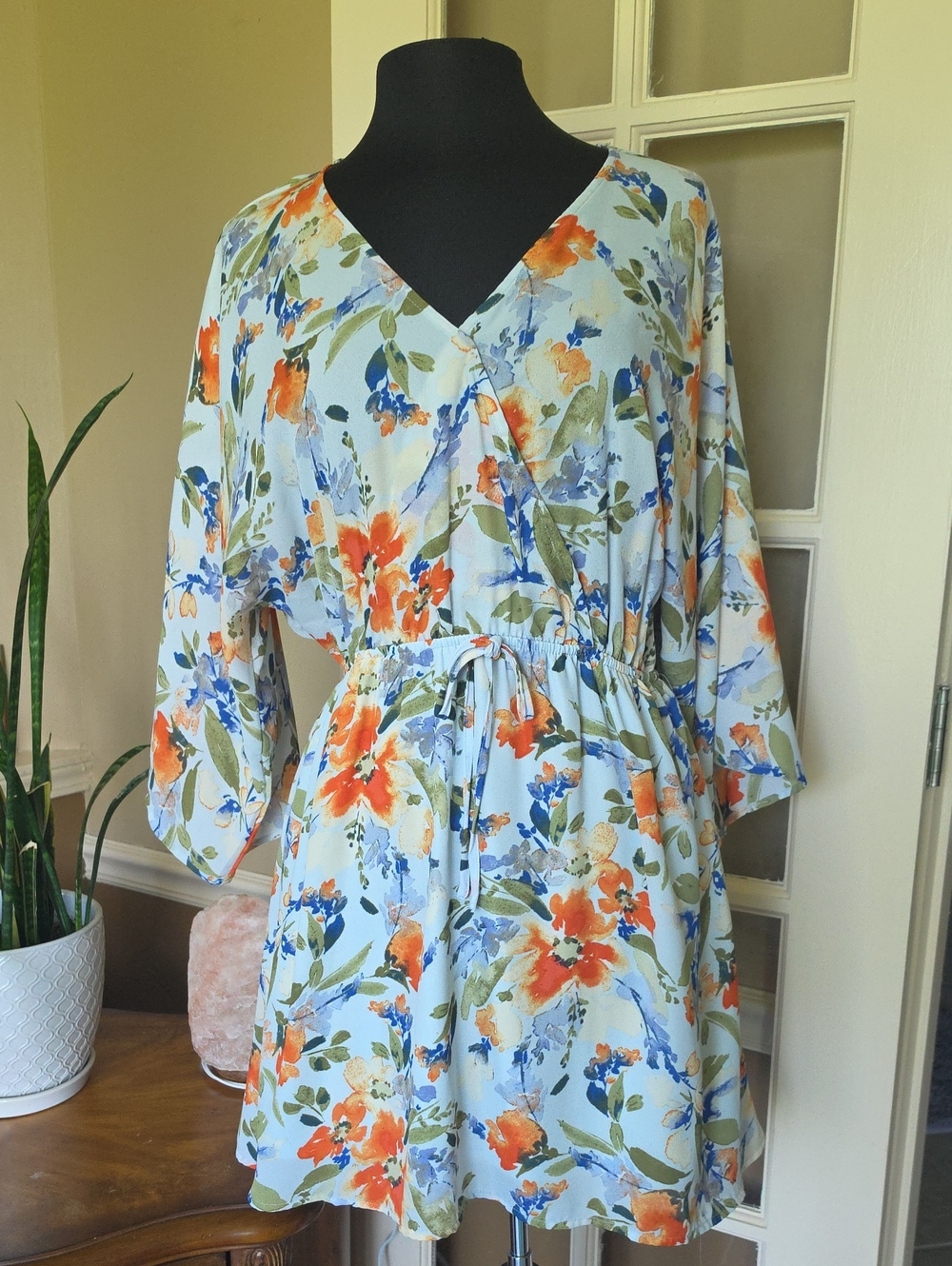 Floral V-Neck Mini Dress with Tie Waist in Light Blue and Orange